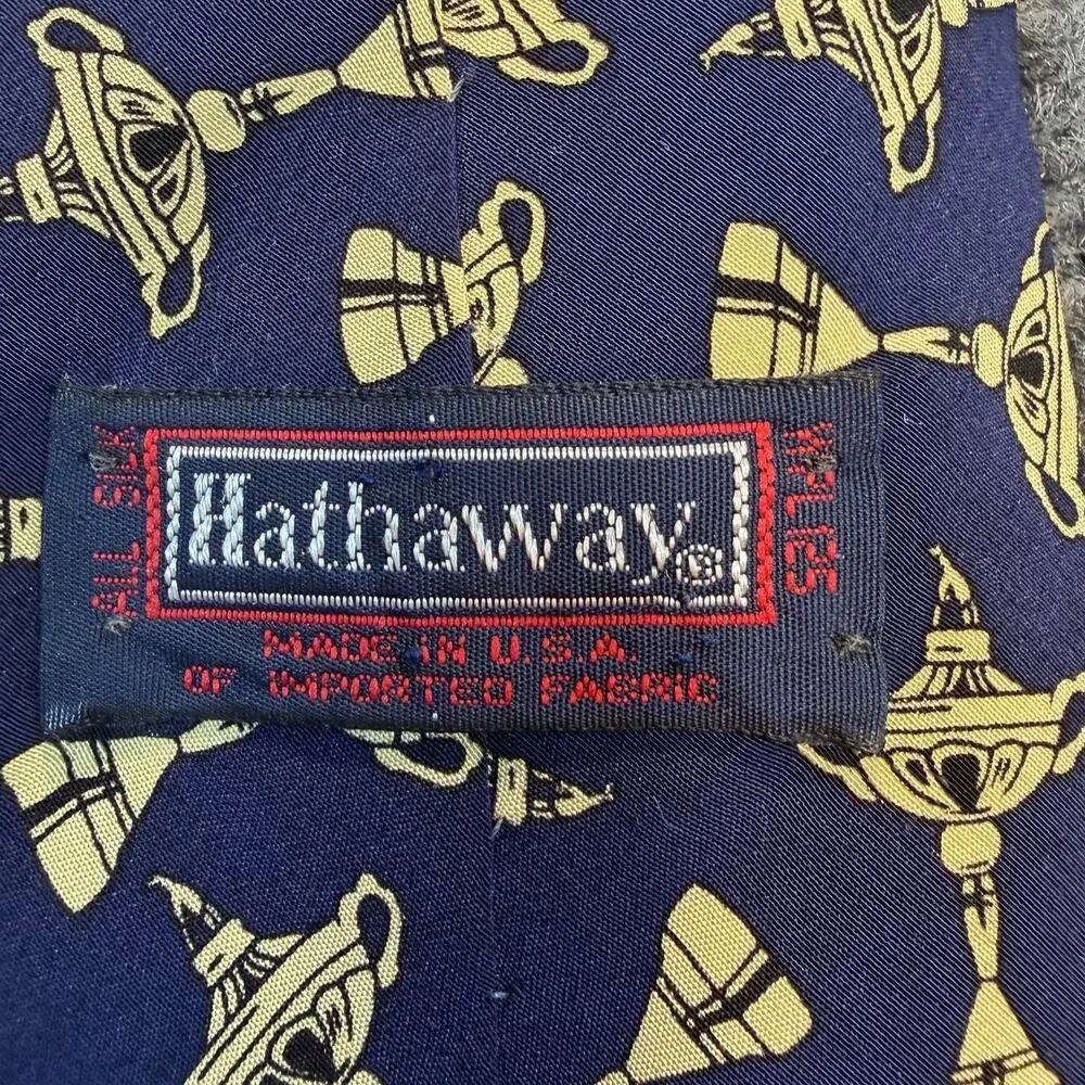 Hathaway Mens 100% Silk Navy Blue Gold Trophy Print Neck Tie